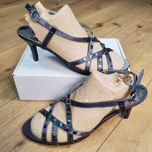 Metallic Gray Strappy Stiletto Open Toe Heels Buckle Size 8.5 Prom Formal EUC